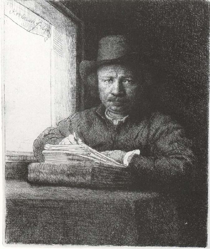 Rembrandt van rijn Self-Portrait Drawing at a window Norge oil painting art